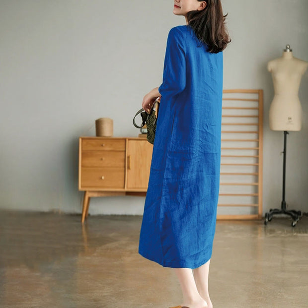 Buddha Stones Casual Plain Accordion Pleats V-neck Half Sleeve Design Linen Midi Dress With Pockets