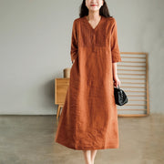 Buddha Stones Casual Plain Accordion Pleats V-neck Half Sleeve Design Midi Dress With Pockets - image 9