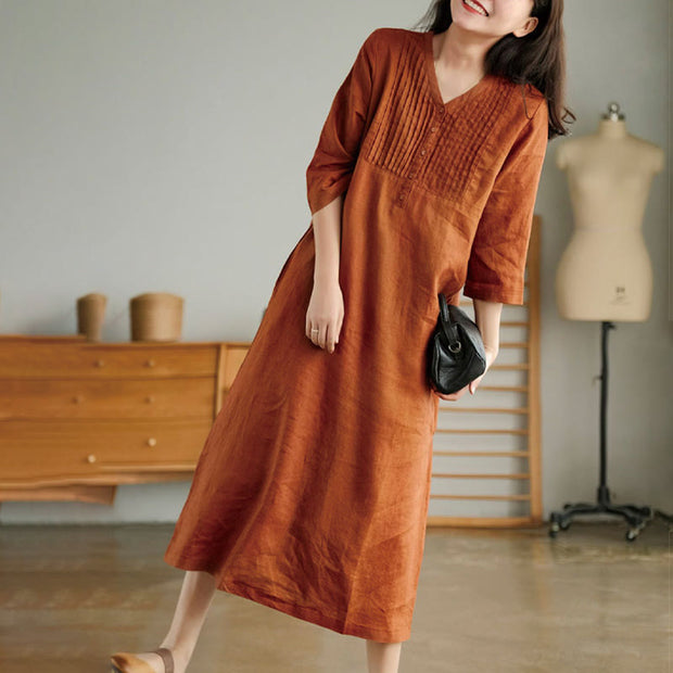 Buddha Stones Casual Plain Accordion Pleats V-neck Half Sleeve Design Linen Midi Dress With Pockets