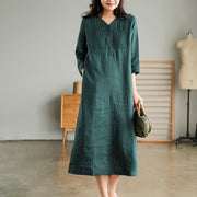 Buddha Stones Casual Plain Accordion Pleats V-neck Half Sleeve Design Linen Midi Dress With Pockets