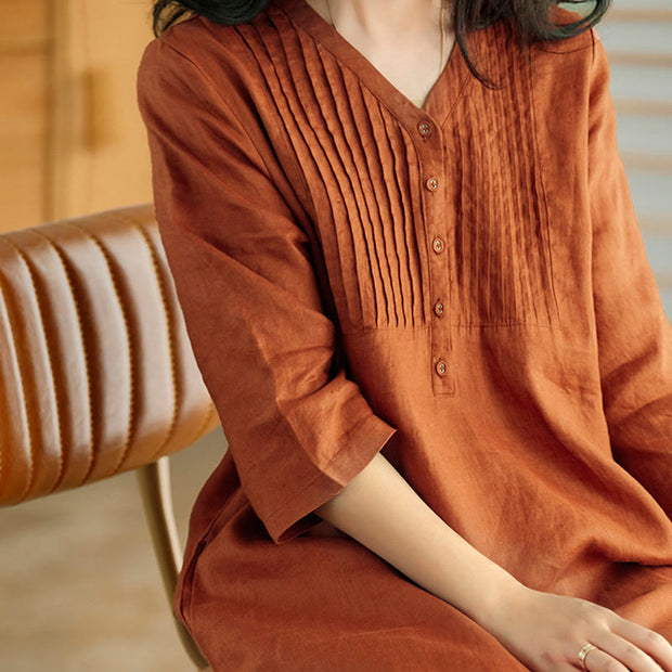 Buddha Stones Casual Plain Accordion Pleats V-neck Half Sleeve Design Midi Dress With Pockets - image 12