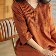 Buddha Stones Casual Plain Accordion Pleats V-neck Half Sleeve Design Cotton Linen Midi Dress With Pockets - image 13
