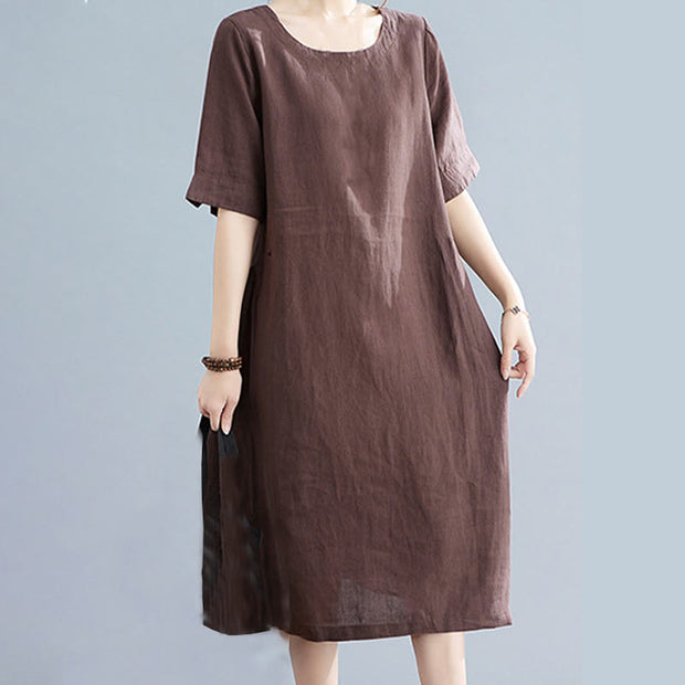 Buddha Stones Casual Loose Solid Color Cotton Linen Crew Neck Half Sleeve Design Midi Dress With Pockets