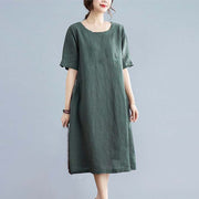 Buddha Stones Casual Loose Solid Color Cotton Linen Crew Neck Half Sleeve Design Midi Dress With Pockets