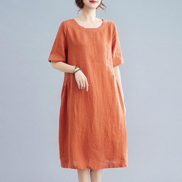 Buddha Stones Casual Loose Solid Color Cotton Linen Crew Neck Half Sleeve Design Midi Dress With Pockets