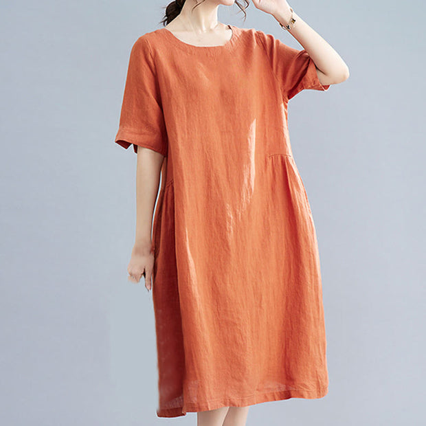 Buddha Stones Casual Loose Solid Color Cotton Linen Crew Neck Half Sleeve Design Midi Dress With Pockets