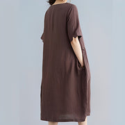 Buddha Stones Casual Loose Solid Color Cotton Linen Crew Neck Half Sleeve Design Midi Dress With Pockets