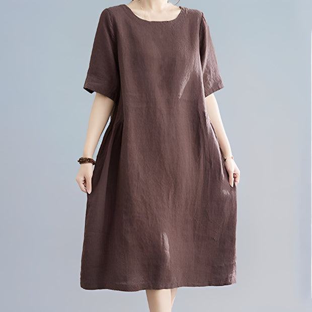 Buddha Stones Casual Loose Solid Color Cotton Linen Crew Neck Half Sleeve Design Midi Dress With Pockets