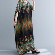 Buddha Stones Casual Loose Printing Flower Pattern V-Neck Half Sleeve Design Polyester Midi Dress With Pockets