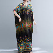 Buddha Stones Casual Loose Printing Flower Pattern V-Neck Half Sleeve Design Polyester Midi Dress With Pockets