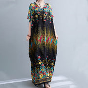 Buddha Stones Casual Loose Printing Flower Pattern V-Neck Half Sleeve Design Polyester Midi Dress With Pockets