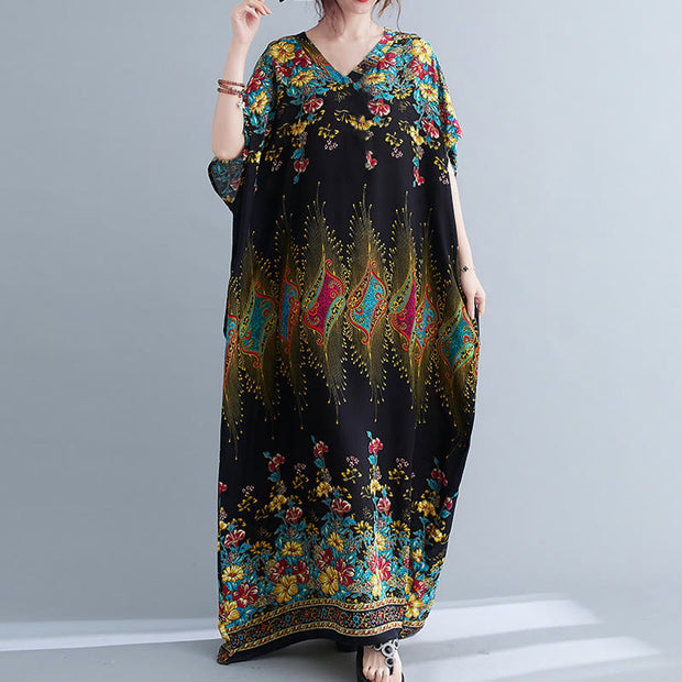 Buddha Stones Casual Loose Printing Flower Pattern V-Neck Half Sleeve Design Polyester Midi Dress With Pockets