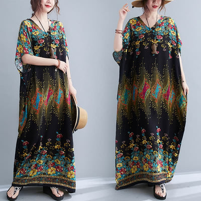 Buddha Stones Casual Loose Printing Flower Pattern V-Neck Half Sleeve Design Polyester Midi Dress With Pockets