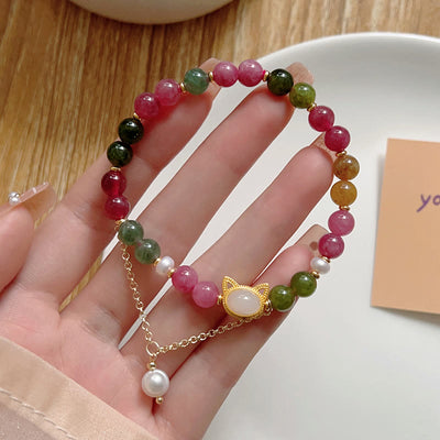 Buddha Stones Colorful Tourmaline Lucky Cat Positive Bracelet