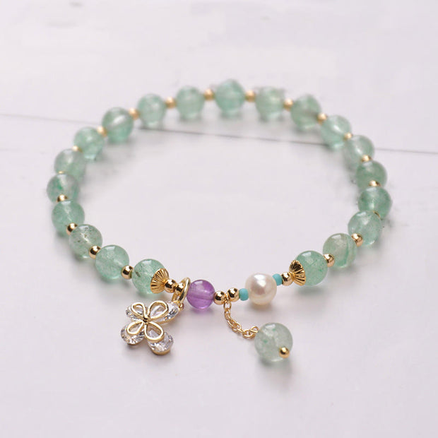 Buddha Stones Natural Strawberry Quartz Green Strawberry Quartz Butterfly Charm Love Bracelet