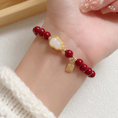 Buddha Stones Cinnabar Gourd Fu Character Charm Blessing Bracelet