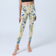 Buddha Stones Casual Dark Blue Flower Leaves Print Gym Fitness Leggings Women's Yoga Pants