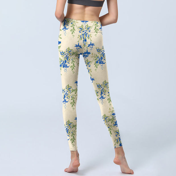 Buddha Stones Casual Dark Blue Flower Leaves Print Gym Fitness Leggings Women's Yoga Pants - image 7