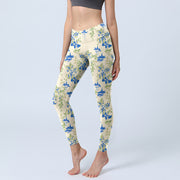 Buddha Stones Casual Dark Blue Flower Leaves Print Gym Fitness Leggings Women's Yoga Pants