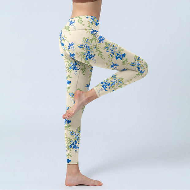 Buddha Stones Casual Dark Blue Flower Leaves Print Gym Fitness Leggings Women's Yoga Pants