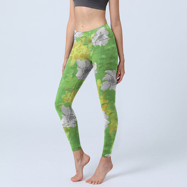 Buddha Stones Yellow-green Gray Flowers Print Sports Fitness Leggings Women's Yoga Pants