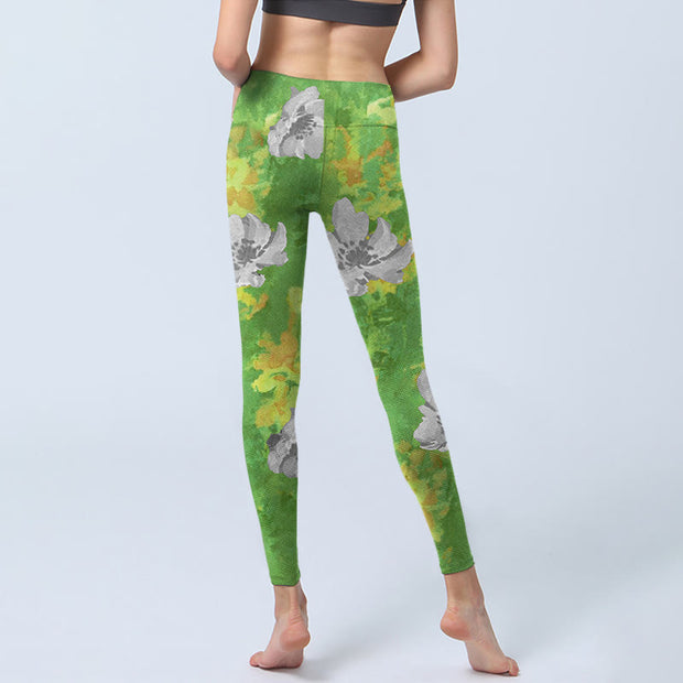 Buddha Stones Yellow-green Gray Flowers Print Sports Fitness Leggings Women's Yoga Pants