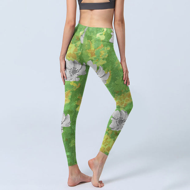 Buddha Stones Yellow-green Gray Flowers Print Sports Fitness Leggings Women's Yoga Pants