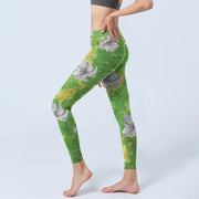 Buddha Stones Yellow-green Gray Flowers Print Sports Fitness Leggings Women's Yoga Pants