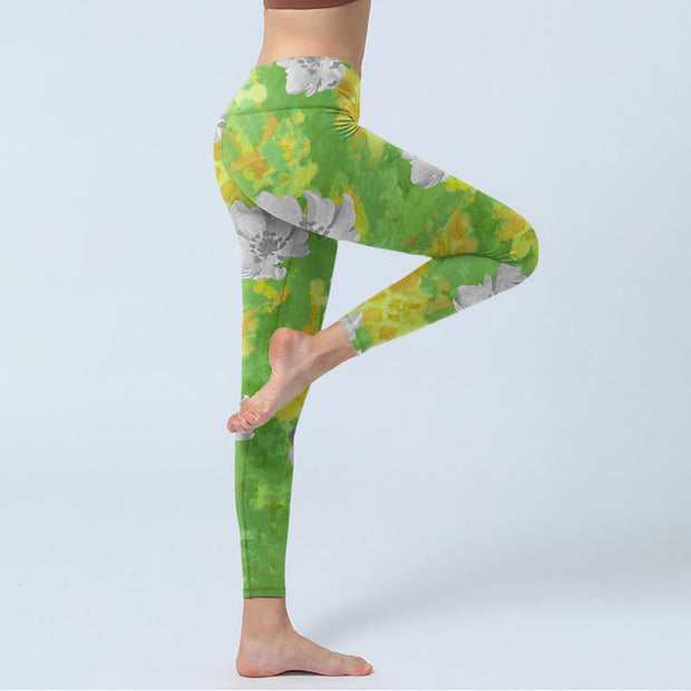 Buddha Stones Yellow-green Gray Flowers Print Sports Fitness Leggings Women's Yoga Pants - image 4