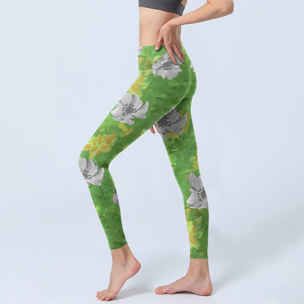 Buddha Stones Yellow-green Gray Flowers Print Sports Fitness Leggings Women's Yoga Pants