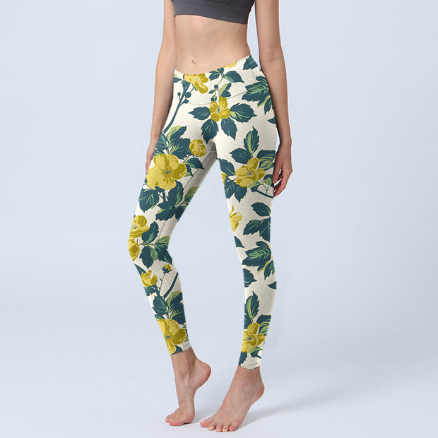 Buddha Stones Yellow Flowers Green Leaves Print Gym Fitness Leggings Women's Yoga Pants