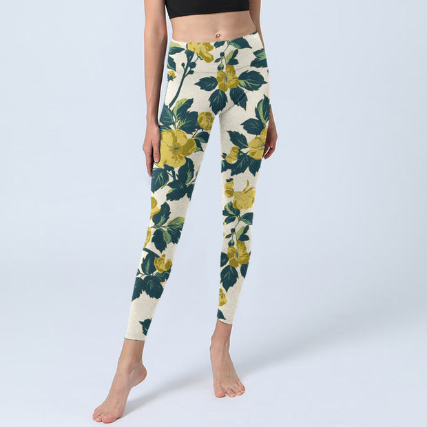 Buddha Stones Yellow Flowers Green Leaves Print Gym Fitness Leggings Women's Yoga Pants