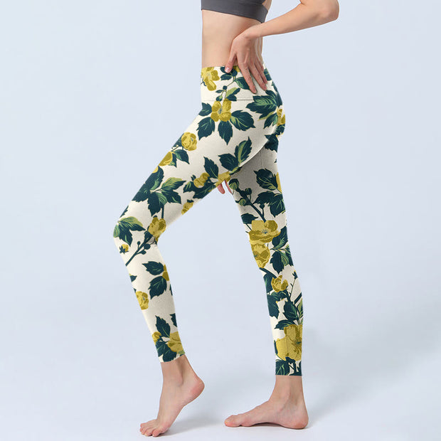 Buddha Stones Yellow Flowers Green Leaves Print Gym Fitness Leggings Women's Yoga Pants - image 3