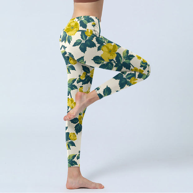 Buddha Stones Yellow Flowers Green Leaves Print Gym Fitness Leggings Women's Yoga Pants