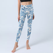 Buddha Stones Pale Blue Flowers Leaves Print Sports Fitness Leggings Women's Yoga Pants