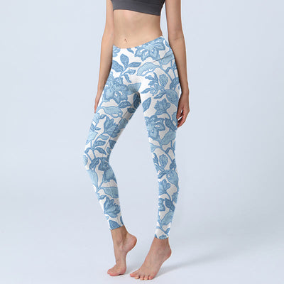 Buddha Stones Pale Blue Flowers Leaves Print Sports Fitness Leggings Women's Yoga Pants - AliceBlue - US18，UK/AU22，EU50 (4XL) - image 1