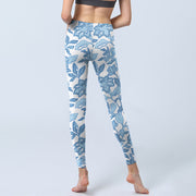 Buddha Stones Pale Blue Flowers Leaves Print Sports Fitness Leggings Women's Yoga Pants