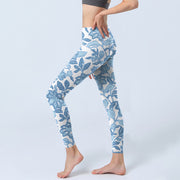 Buddha Stones Pale Blue Flowers Leaves Print Sports Fitness Leggings Women's Yoga Pants