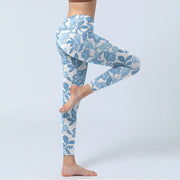 Buddha Stones Pale Blue Flowers Leaves Print Sports Fitness Leggings Women's Yoga Pants