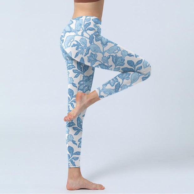 Buddha Stones Pale Blue Flowers Leaves Print Sports Fitness Leggings Women's Yoga Pants - image 4