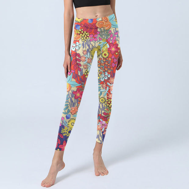 Buddha Stones Colorful Flowers Leaves Print Gym Fitness Leggings Women's Yoga Pants