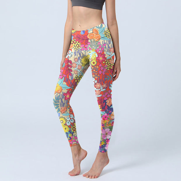 Buddha Stones Colorful Flowers Leaves Print Gym Fitness Leggings Women's Yoga Pants