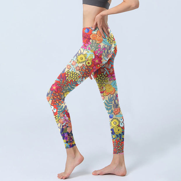 Buddha Stones Colorful Flowers Leaves Print Gym Fitness Leggings Women's Yoga Pants