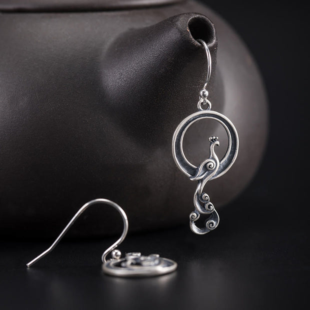 Buddha Stones 925 Sterling Silver Round Asymmetry Peacock Fortune Earrings