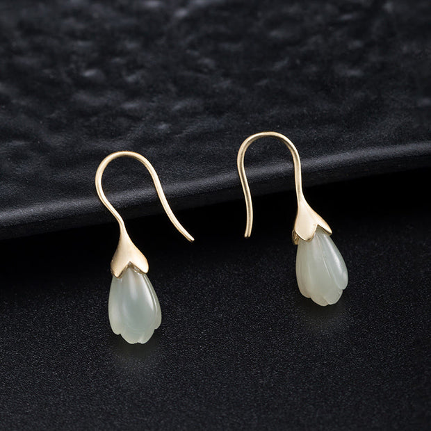 Buddha Stones 925 Sterling Silver Hetian Jade Magnolia Abundance Drop Earrings