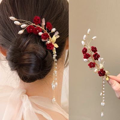 Buddha Stones Classical Chinese Wedding Bridal Red Rose Hair Clip