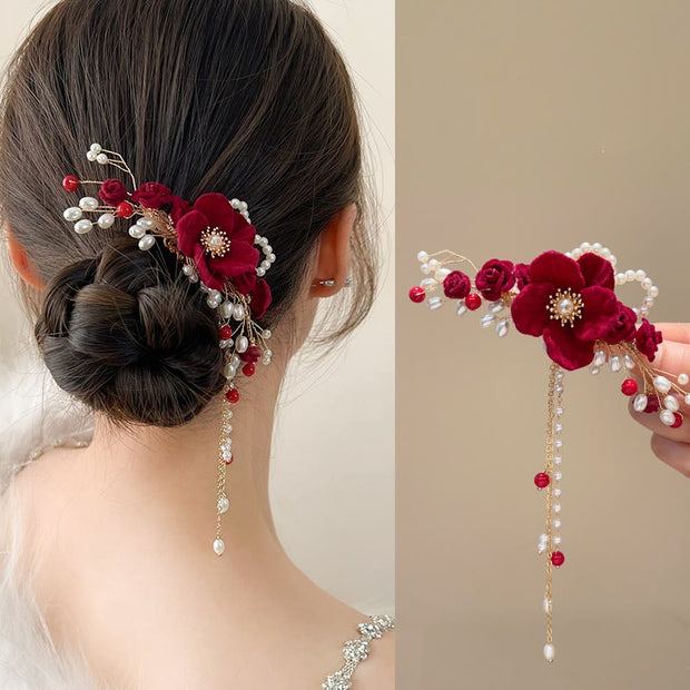 FREE Today: Love and Elegance Classical Chinese Wedding Bridal Red Rose Hair Clip