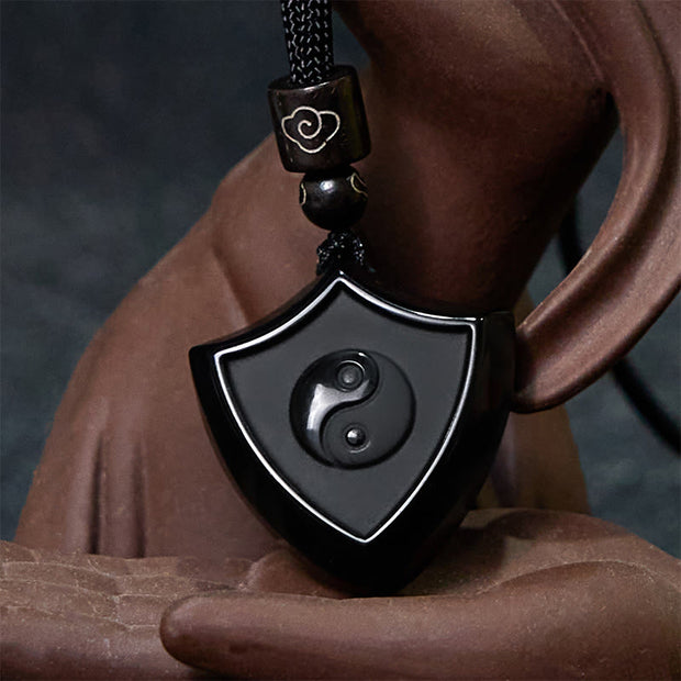 FREE Today: Purification and Transformation Black Obsidian Shield Pattern Yin Yang Symbol Necklace Pendant