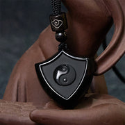 Buddha Stones Black Obsidian Shield Pattern Yin Yang Symbol Strength Necklace Pendant