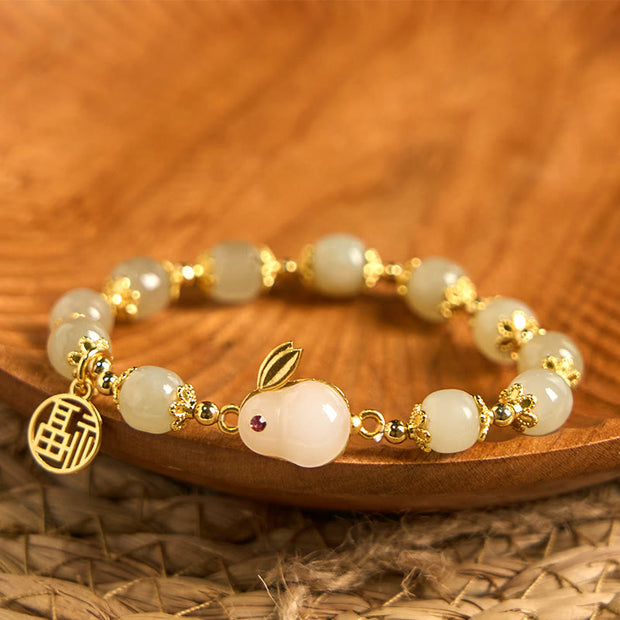 Buddha Stones Natural Hetian Jade Fu Character Fu Brand Rabbit Abundance Bracelet